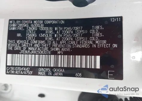 2012 Toyota 4Runner Sr5 z USA, uszkodzony, nr VIN JTEBU5JRXC5083074